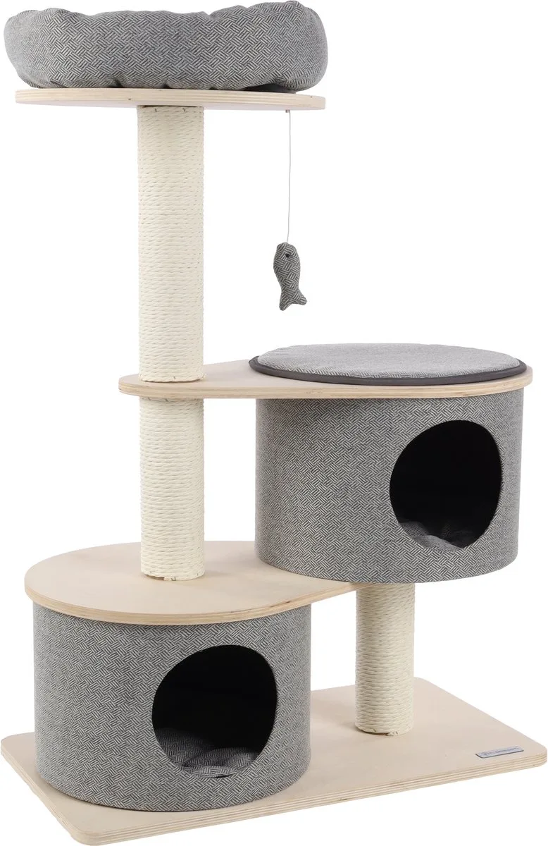Krabpaal – Flamingo PREMIUM LINE Kanzo – 74x40x102 cm – luxe kattenkrabpaal met ligplateaus, mand & schuilplaatsen – kattenmeubel met papieren krabtouw & speeltje – stijlvolle kattenboom voor alle kattenrassen de Flamingo en Beige, Gris – photo produit