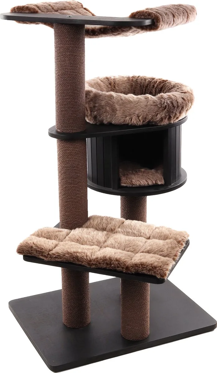 Krabpaal – Flamingo Raisa 2 & Grijs – 106x87,5x130 cm – luxe kattenboom met mand, hangmat & schuilplaats – krabpaal voor grote katten – met speeltje & papieren touw von Flamingo in Braun – Produktfoto