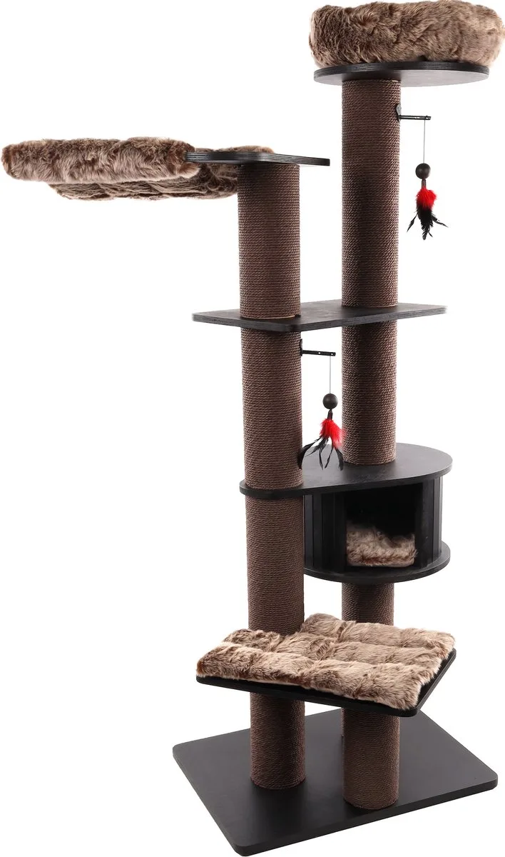 Krabpaal – Flamingo Raisa 3 & Grijs – 109x72,5x198 cm – XXL luxe kattenboom met mand, hangmat & kussens – design krabpaal met speeltje – voor alle kattenrassen by Flamingo in Brown – product photo