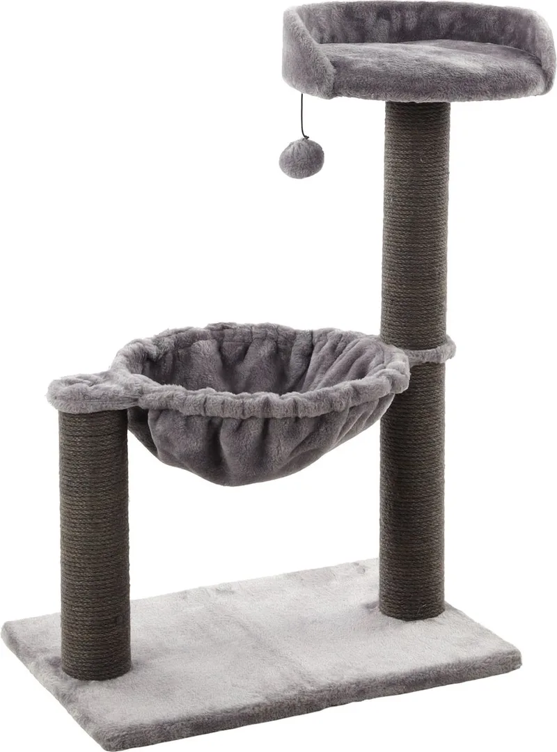 Krabpaal – Flamingo Wilma – 58x33x69 cm – kattenkrabpaal met hangmat, ligplateau & speeltje – kattenboom met jute krabtouw & zachte pluche – compact kattenmeubel voor alle kattenrassen fra Flamingo i Grå – produktbillede