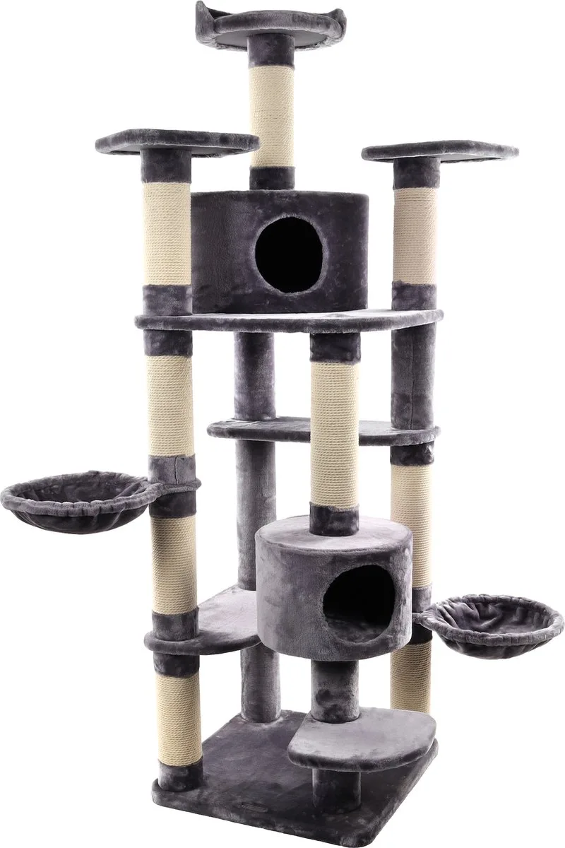 Krabpaal Giganto & Wit – 207 cm hoog – XXL kattenkrabpaal met 2 huisjes, 7 plateaus & hangmatten – Flamingo First Class Selection de Flamingo en Gris – photo produit