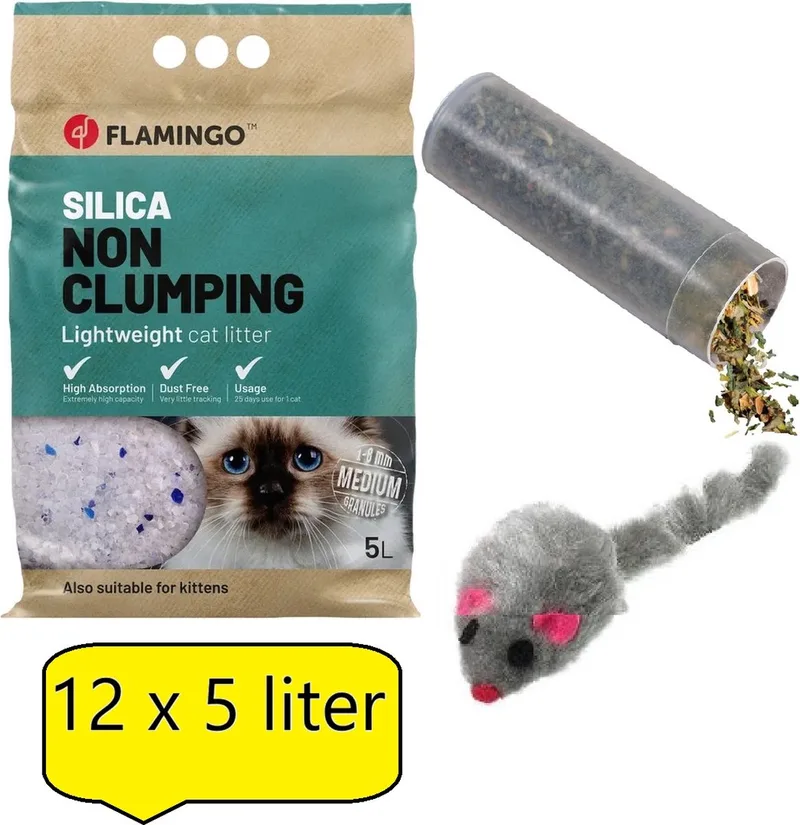 Premium Silica Kattenbakvulling - Voordeelverpakking - 12x 5L - Incl. Wol muisje met catnip! by Flamingo – product photo