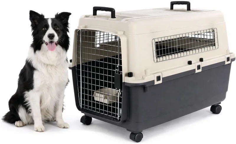 Reisbench hond – Autobench – Transportbox hond – Fomad L (57x80x59,5 cm) – Kunststof – Met metalen deur & veiligheidsslot – Inclusief eet- en drinkpot & wielen – Flamingo de Flamingo en Gris foncé – photo produit