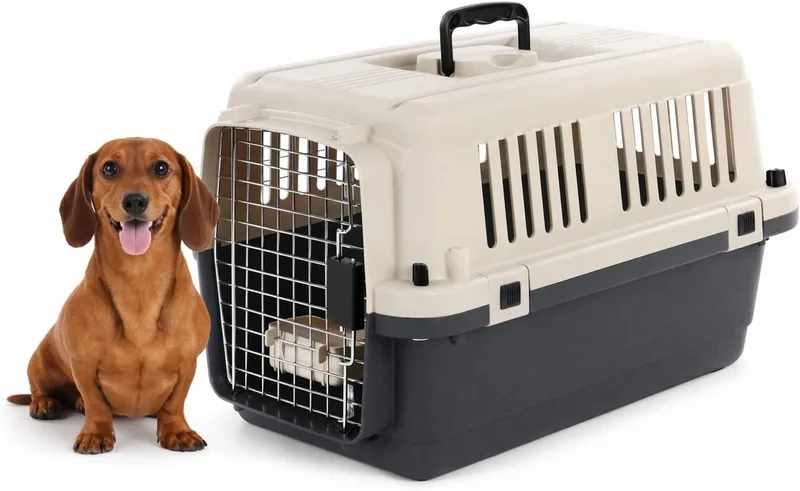 Reisbench hond – Autobench – Transportbox hond – Fomad S (40x61x41 cm) – Kunststof – Met metalen deur & veiligheidsslot – Inclusief eet- en drinkpot – Flamingo de Flamingo en Gris foncé – photo produit