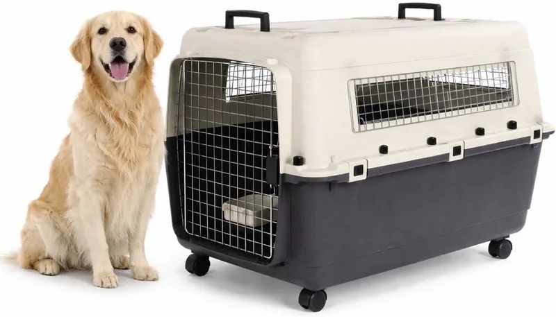 Reisbench hond – Autobench – Transportbox hond – Fomad XL (60x90x68,5 cm) – Kunststof – Met metalen deur & veiligheidsslot – Inclusief eet- en drinkpot & wielen – Flamingo de Flamingo en Gris foncé – photo produit