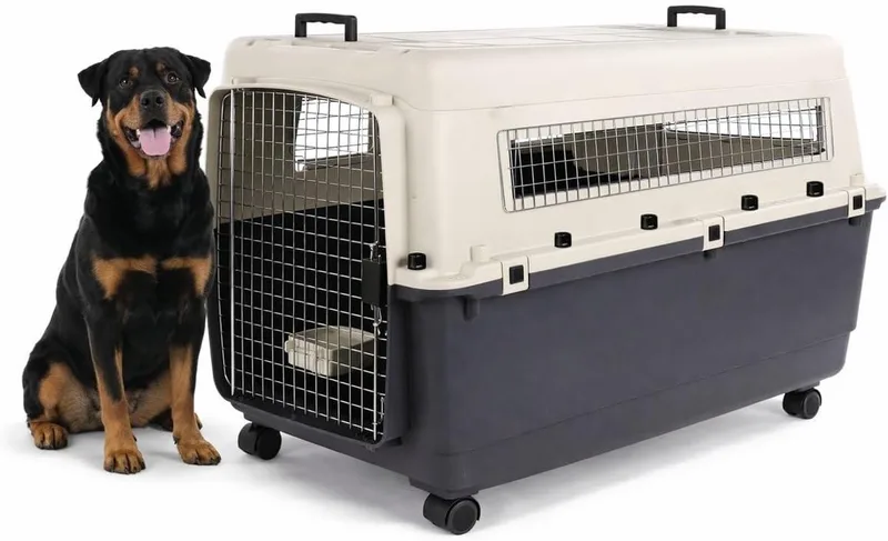 Reisbench hond – Autobench – Transportbox hond – Fomad XXL (70x100x69,5 cm) – Kunststof – Met metalen deur & veiligheidsslot – Inclusief eet- en drinkpot & wielen – Flamingo de Flamingo en Gris foncé – photo produit