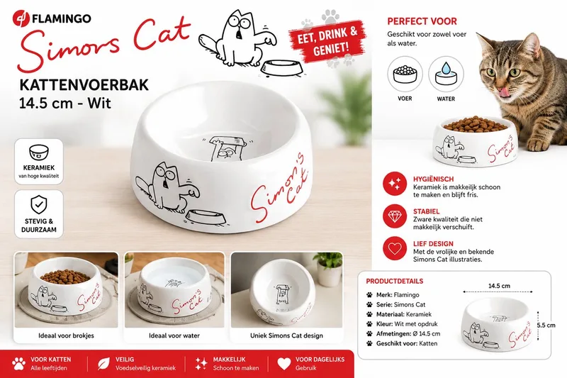 Simon’s Cat Kattenvoerbak Keramiek – 14.5 cm – Katten Voerbak & Waterbak – Premium Design by Flamingo in White – product photo