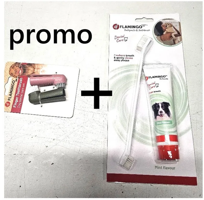 tandverzorgingsset voor honden - met tandpasta en 2 koppige borstel ** + ** PROMO - 2 TANDVERZORGENDE VINGERBORSTELS VOOR HONDEN - ZACHT VOOR TANDEN EN TANDVLEES de Flamingo en Blanc – photo produit