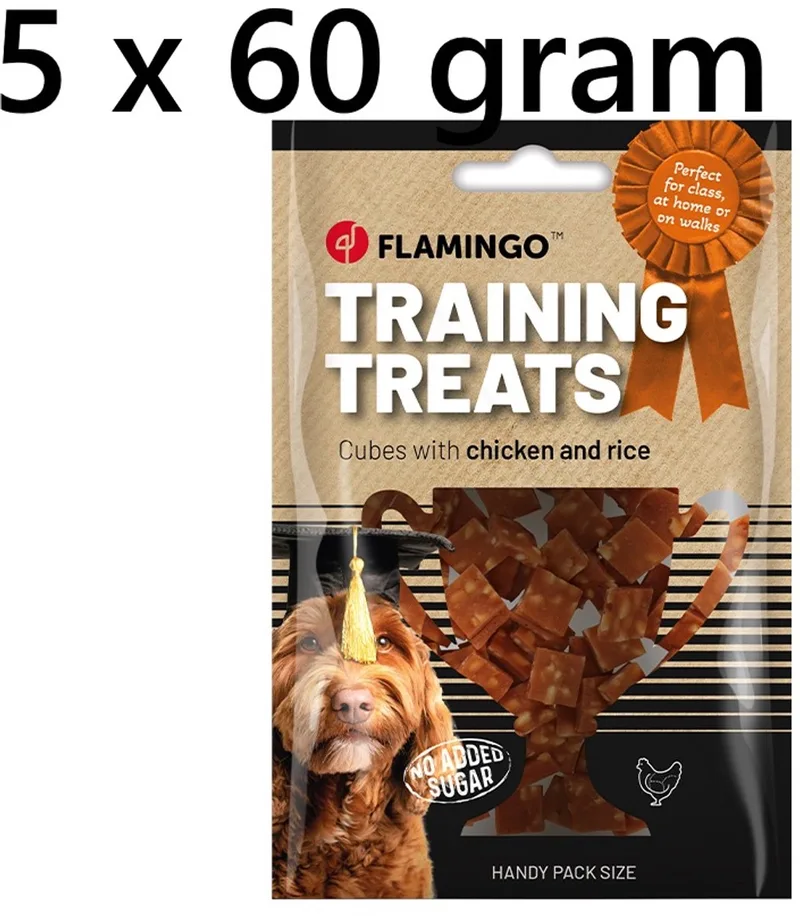 trainingssnacks voor honden vanaf 6 maanden - blokjes met kip en rijst 60 gr *** 5 X *** = 300 gram - geen toegevoegde suikers - zeer lekker als trainingssnack of verwennerij voor uw lieve schat von Flamingo – Produktfoto