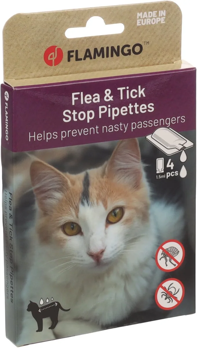 Vlooiendruppels kat – Batali Vlo & Teek Stop Pipetten 4x1,5ml – anti-parasietendruppels – tegen vlooien – teken en mijten – met Dimethicone – zonder insecticide – geschikt vanaf 3 maanden – voor alle huidtypes by Flamingo – product photo
