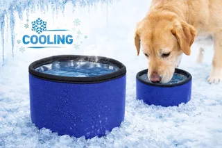 Voerbak hond - drinkbak hond - Fresk Rond - verkoelende reis drinkpot met gelvulling - 16 cm fra Flamingo i Blå – produktbillede 1 af 4