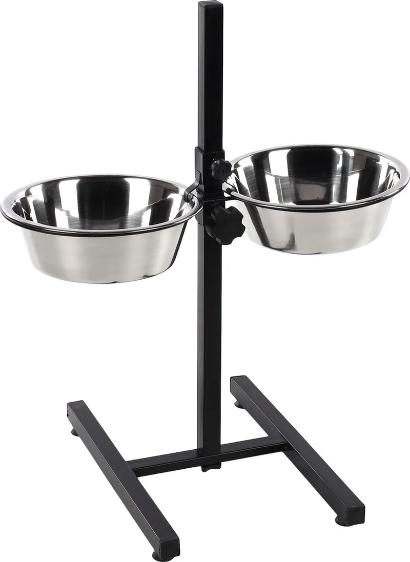 Voerbak hond – Duo Dinner Staander Otis & Zwart 2x2,5L – verstelbare eet- en drinkpot met inox kommen von Flamingo in Silber – Produktfoto
