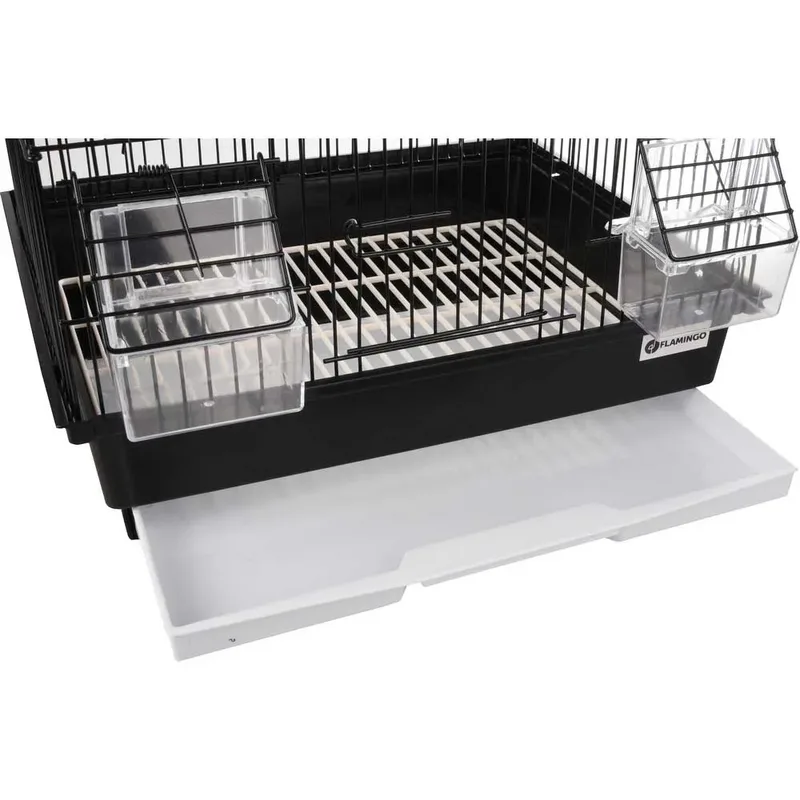 Vogelkooi – Flamingo Lampung 2 – huis – 34x28x44,5 cm – metalen vogelkooi met zitstokken & eet-/drinkbakjes – uitschuifbare lade – geschikt als vervoerskooi of ziekenkooi by Flamingo in Black – product photo 2 of 3