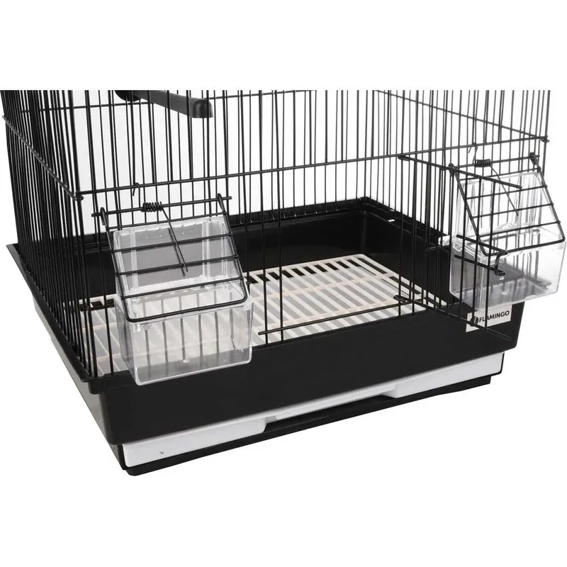 Vogelkooi – Flamingo Lampung 2 – huis – 34x28x44,5 cm – metalen vogelkooi met zitstokken & eet-/drinkbakjes – uitschuifbare lade – geschikt als vervoerskooi of ziekenkooi by Flamingo in Black – product photo 3 of 3