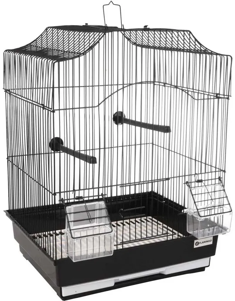 Vogelkooi – Flamingo Lampung 2 – huis – 34x28x44,5 cm – metalen vogelkooi met zitstokken & eet-/drinkbakjes – uitschuifbare lade – geschikt als vervoerskooi of ziekenkooi by Flamingo in Black – product photo 1 of 3