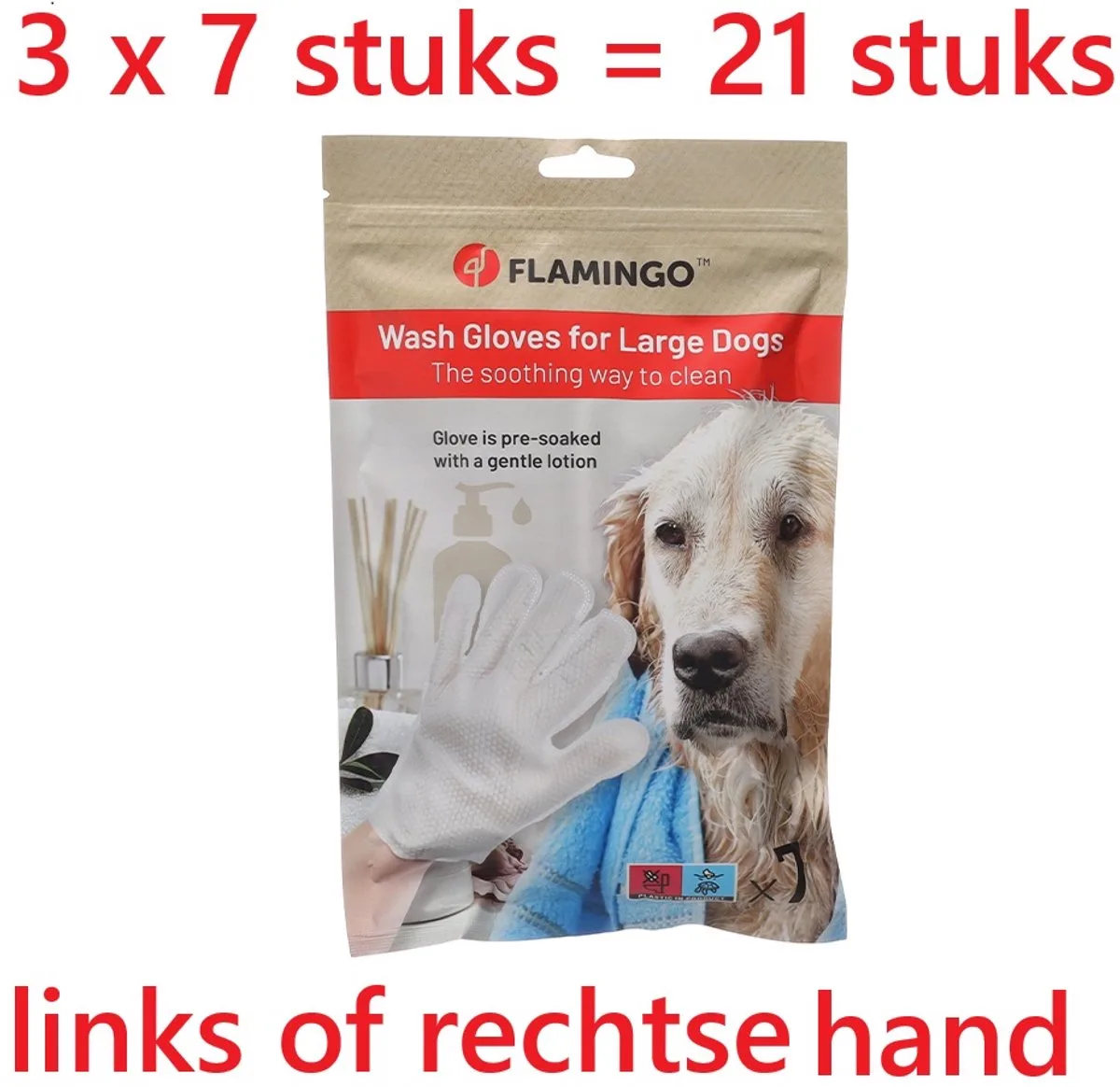 washandschoen voor GROTE honden 7 st *** 3 X *** = 21 washandschoenen - voor thuis of op reis - pre-soaked with a gentle lotion de Flamingo – photo produit