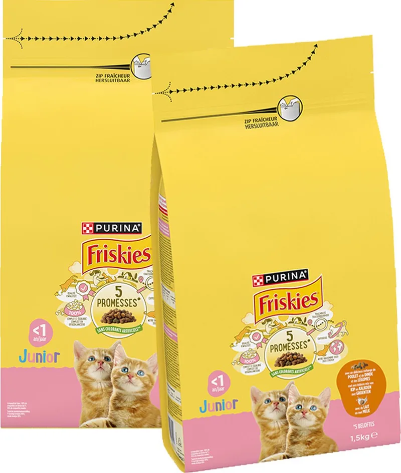droogvoer voor katten - kip, kalkoen & groenten - met melk - voor junior katten - 1500g x 2 de Friskies – photo produit