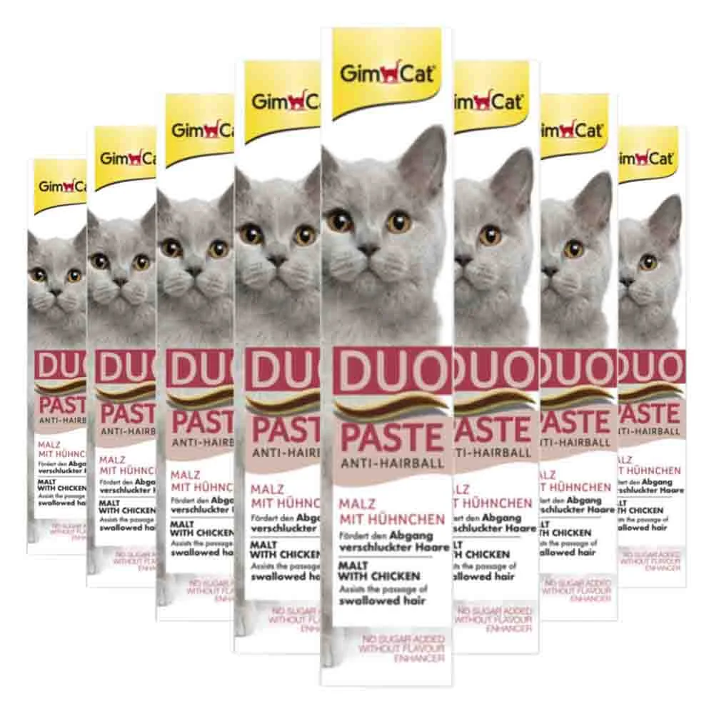 8x GimCat Anti-Hairball Duo-Paste Kip & Mout 50 gr van GimCat – productfoto