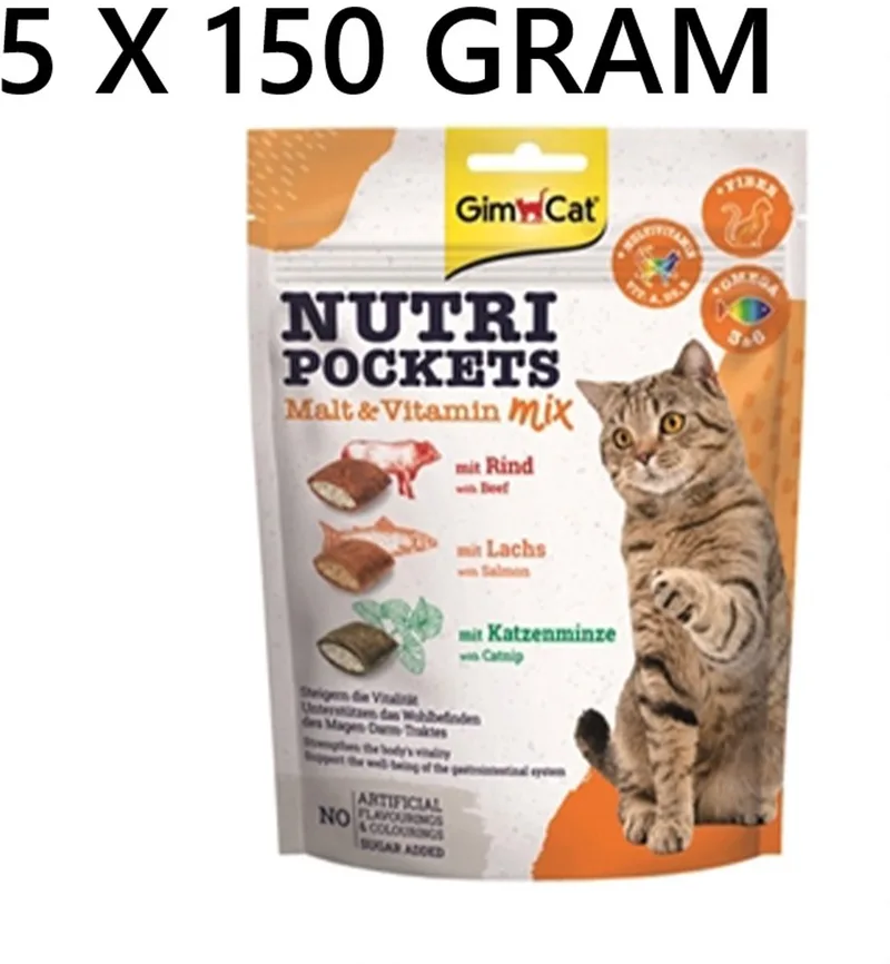 nutri pockets GIMCAT 5 x 150 gr = 750 gr - MALT & VITAMINE MIX - rund - zalm - catnip - ondersteunt het gastro intestinaal systeem van uw kat de GimCat – photo produit
