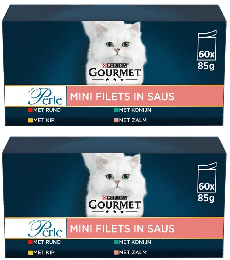 2x Gourmet - Perle Mini Filets Kip, Konijn, Rund & Zalm in Saus - Kattenvoer Natvoer - 60x85g von Gourmet – Produktfoto