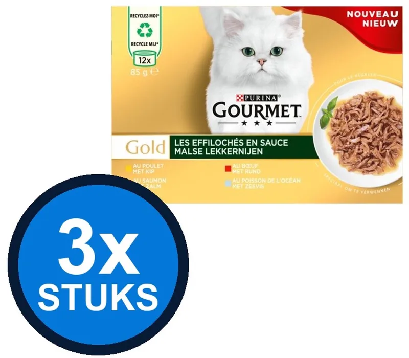 3x Gourmet - Gold Malse Lekkernijen Kip, Zalm, Rund & Zeevis - Kattenvoer Natvoer - 12x85g by Gourmet – product photo