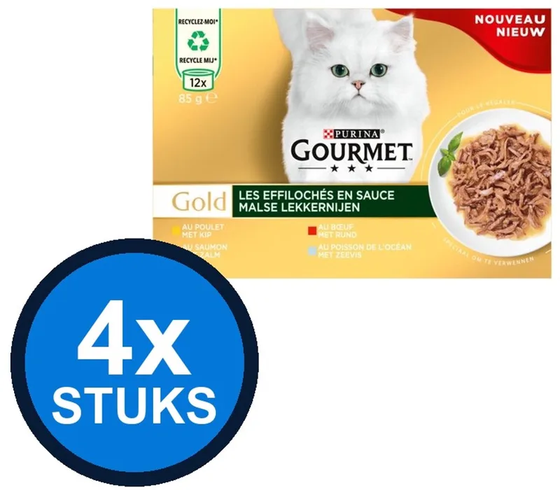 4x Gourmet - Gold Malse Lekkernijen Kip, Zalm, Rund & Zeevis - Kattenvoer Natvoer - 12x85g de Gourmet – photo produit