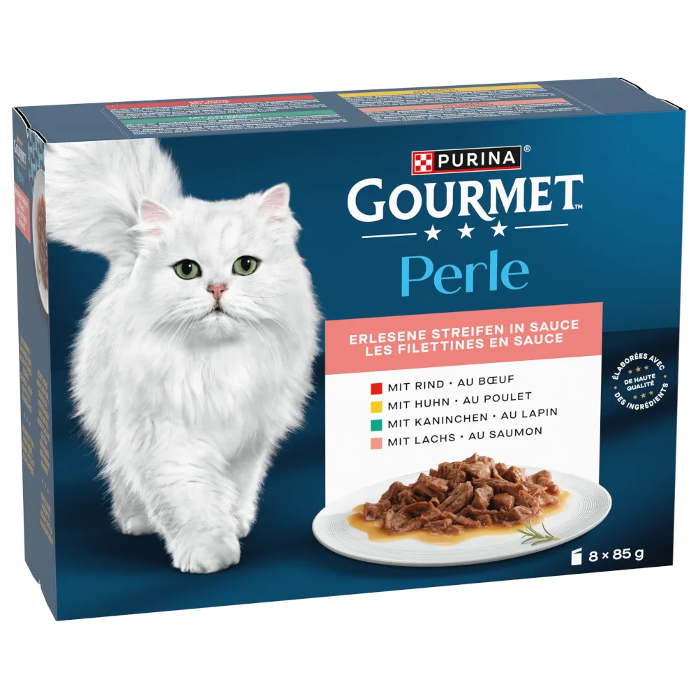 8x85g Rund/Kip/Konijn/Lam Mini Filets in Saus Gourmet Perle Kattenvoer van Gourmet – productfoto