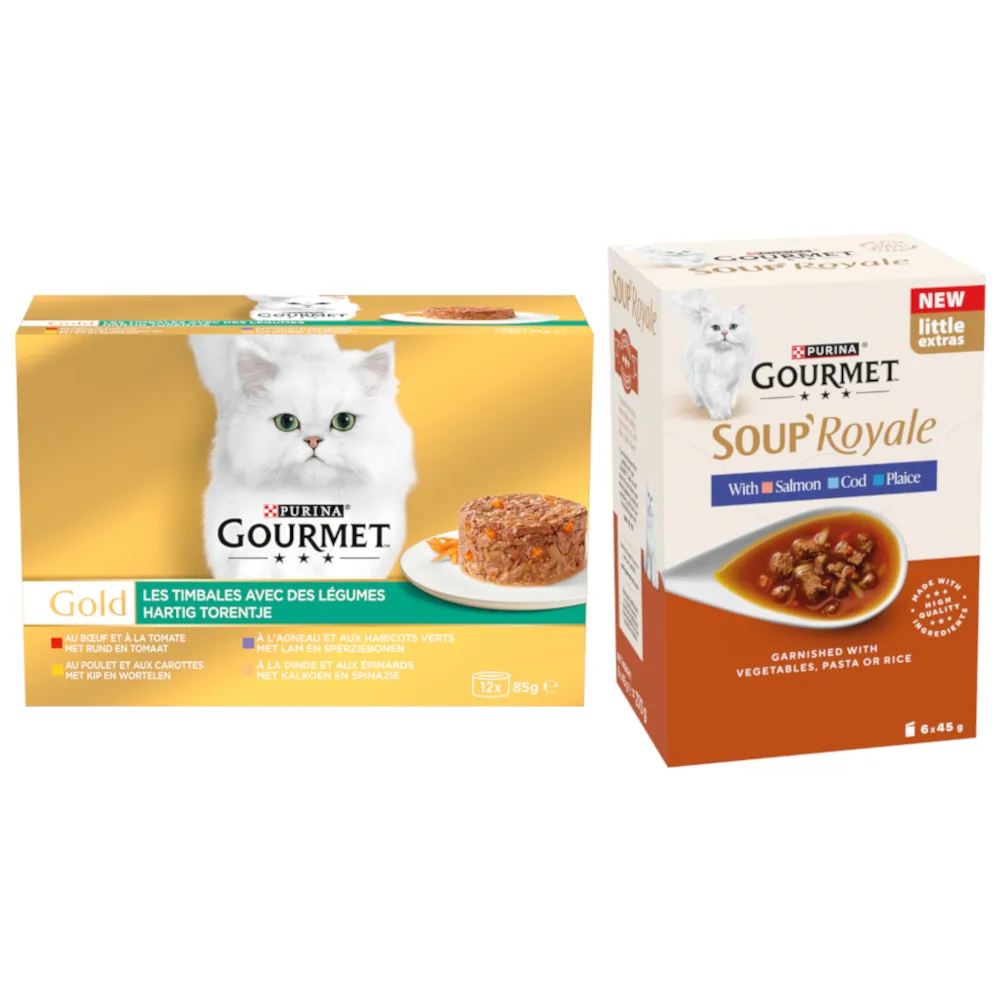 96 x 85 g Gouremt Gold natvoer voor katten + 48 x 45 g Gourmet Soup Zalm, Schol, kabeljauw gratis! - Geraffineerde Ragout mix verpakking 1 van Gourmet – productfoto
