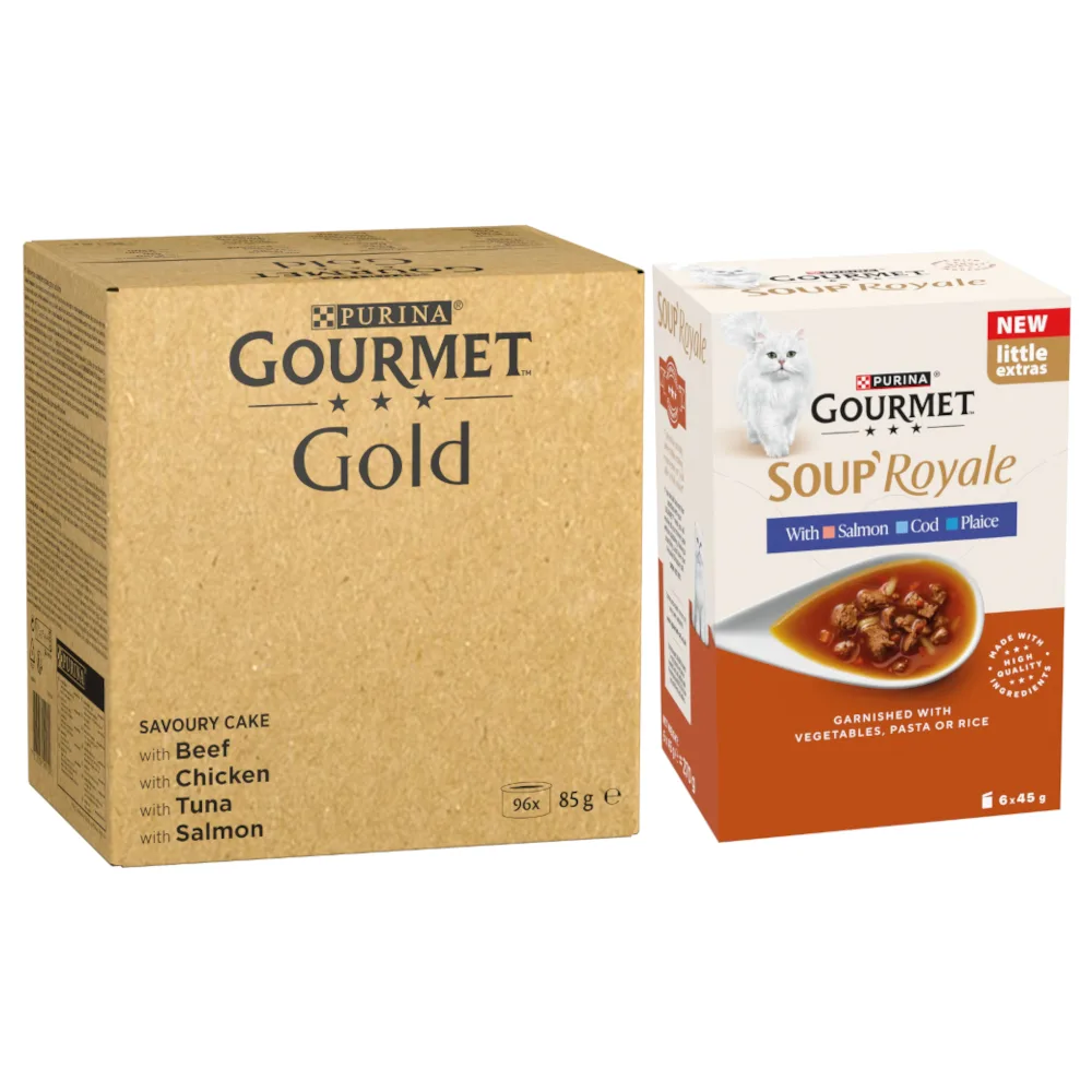 96 x 85 g Gouremt Gold natvoer voor katten + 48 x 45 g Gourmet Soup Zalm, Schol, kabeljauw gratis! - Geraffineerde Ragout mix verpakking 2 by Gourmet – product photo