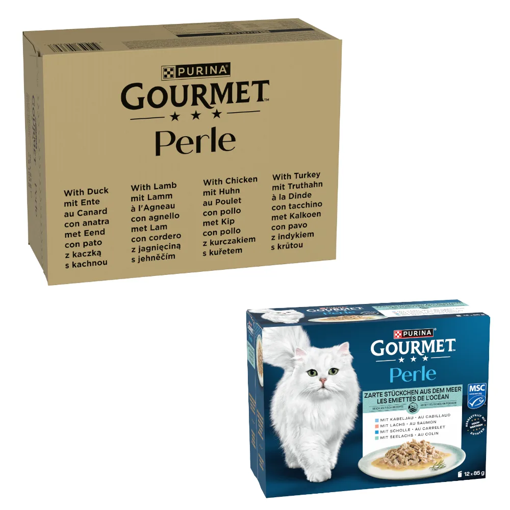 96 x 85 g Gourmet Perle natvoer voor katten + 12 x 85 g Gourmet Perle Ocen Flakes gratis! - Eend , Lam, Kip, Kalkoen in Saus van Gourmet – productfoto