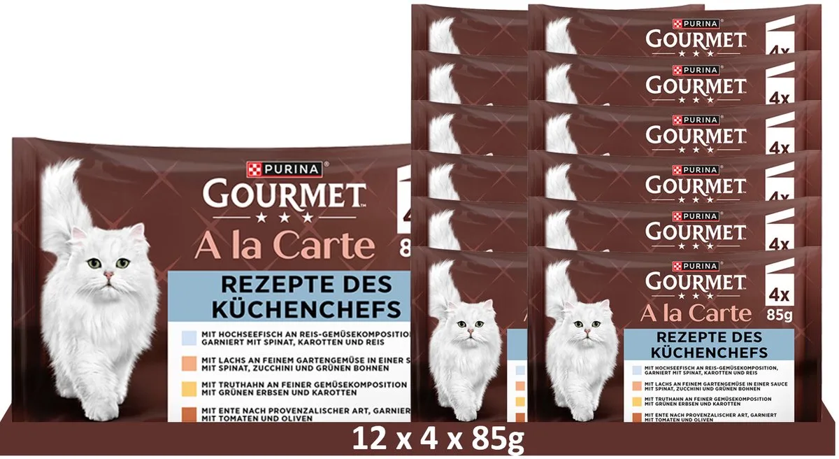 à la carte – met diepzeevis, zalm, kalkoen en eend (12 x 4 x 85g) van Gourmet – productfoto