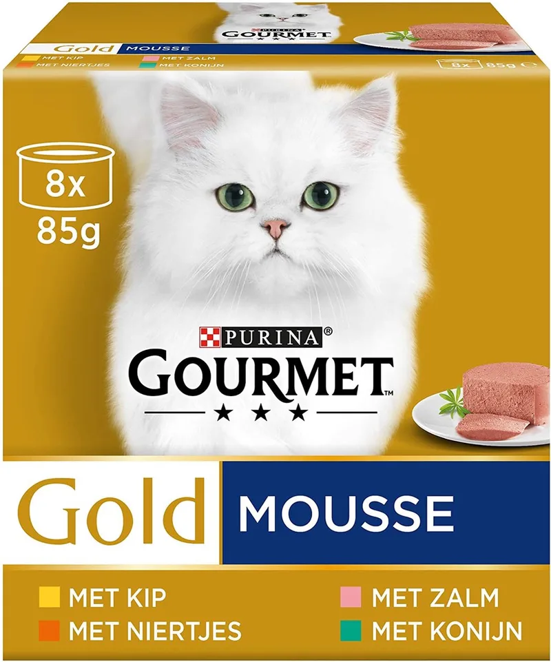 Gold Mousse Kattenvoer, Natvoer met Kip, Zalm, Niertjes en Konijn, 8 x 85g - doos van 6 (48 blikjes; 4,08kg) von Gourmet – Produktfoto