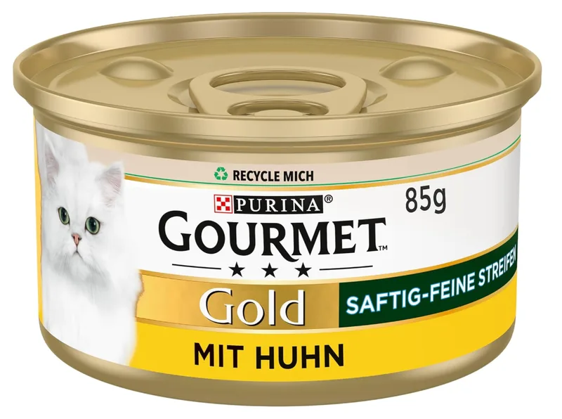 Gold Saftige Feine Streifen mit Huhn, Nassfutter für Katzen 12 x 85 g Dose de Gourmet – photo produit