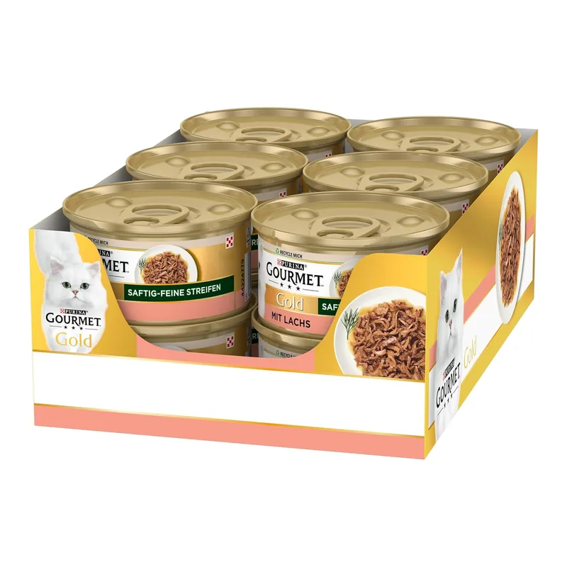 Gold Saftige Feine Streifen mit Lachs, Nassfutter für Katzen 12 x 85 g Dose von Gourmet – Produktfoto