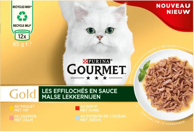 Kattenvoer Gourmet Gold - Malse Lekkernijen Multipack 12x85gr - Kip, Rund, Zalm, Zeevis