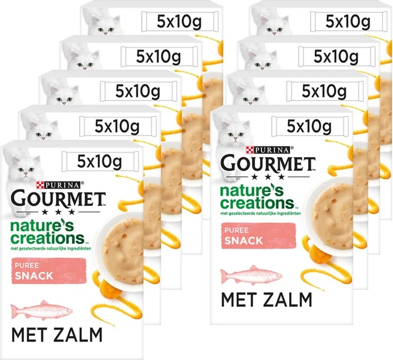 Nature's Creations - Kattensnack - Puree met Zalm & Worteltjes - 55 x 10 g by Gourmet – product photo