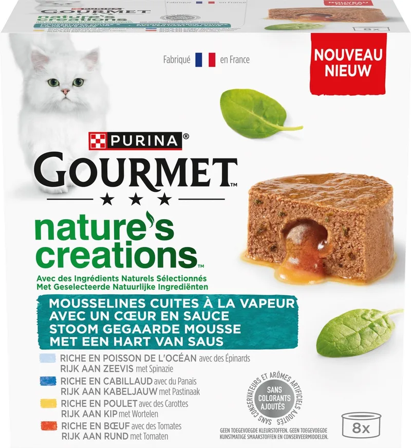 Nature's Creations Mousse - Kattenvoer Natvoer - Hart van Saus - Kip / Rund / Kabeljauw / Zeevis - 48 x 85 g von Gourmet – Produktfoto