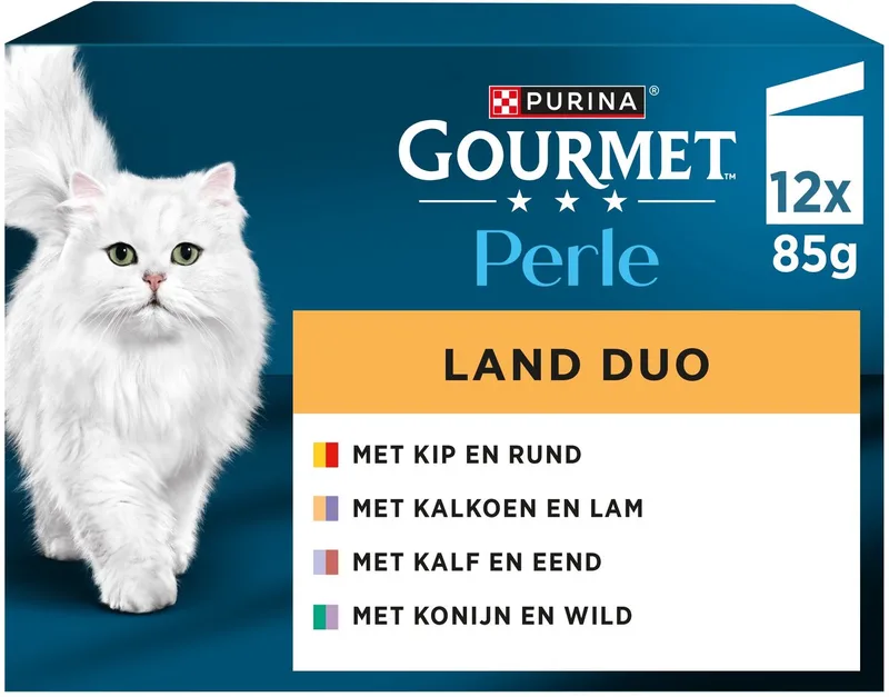 Perle Duo – Kattenvoer Natvoer – Kip & Rund / Kalkoen & Lam / Kalf & Eend / Konijn & Wild – 48 x 85 g von Gourmet – Produktfoto
