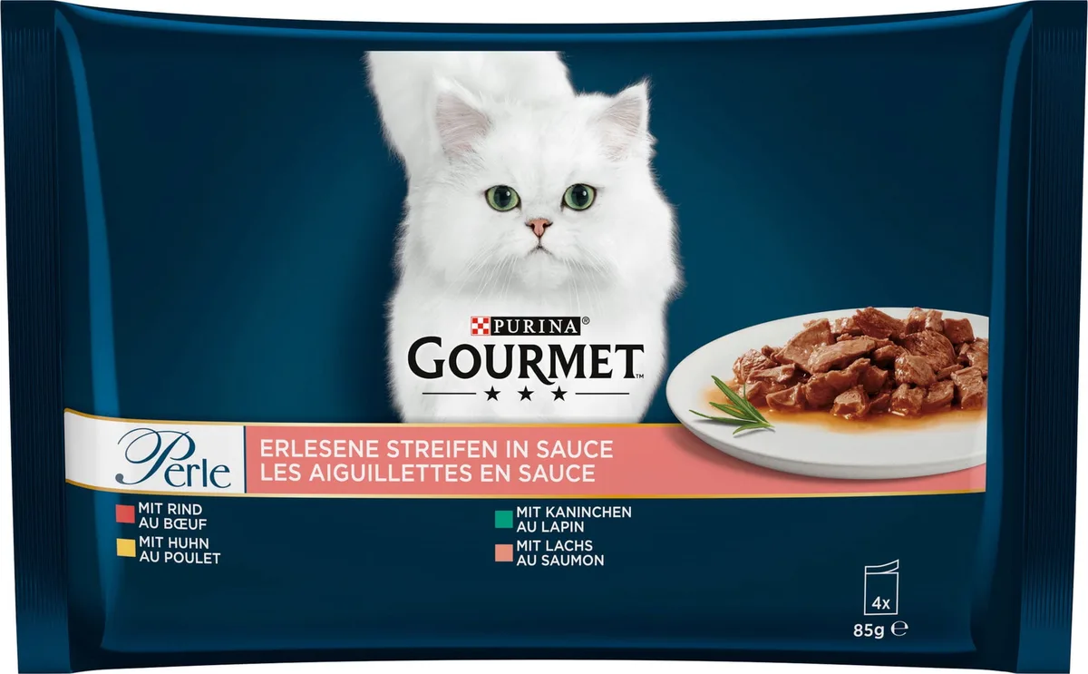 Perle Erlesene Streifen mit Fleischmix und Lachs 4x85g - 340 g von Gourmet – Produktfoto