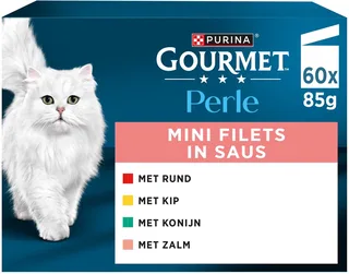 Perle Mini Filets in saus - Kattenvoer Natvoer - Kip Konijn Rund & Zalm - 60 x 85 g by Gourmet – product photo 1 of 2