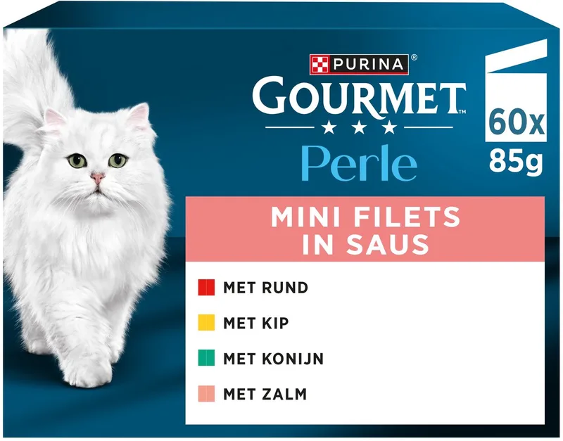 Perle Mini Filets in saus - Kattenvoer Natvoer - Kip Konijn Rund & Zalm - 60 x 85 g by Gourmet – product photo 1 of 2