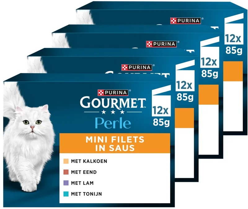 Perle Mini Filets - Kattenvoer Natvoer - Kalkoen Eend Tonijn & Lam - 48 x 85 g de Gourmet – photo produit