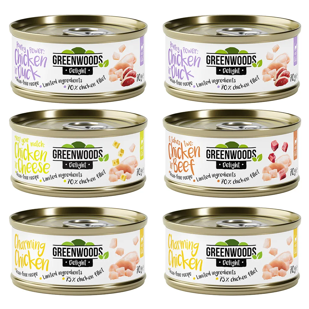 6x70g Kip (4 Smaken) Greenwoods Delight Kattenvoer van Greenwoods – productfoto