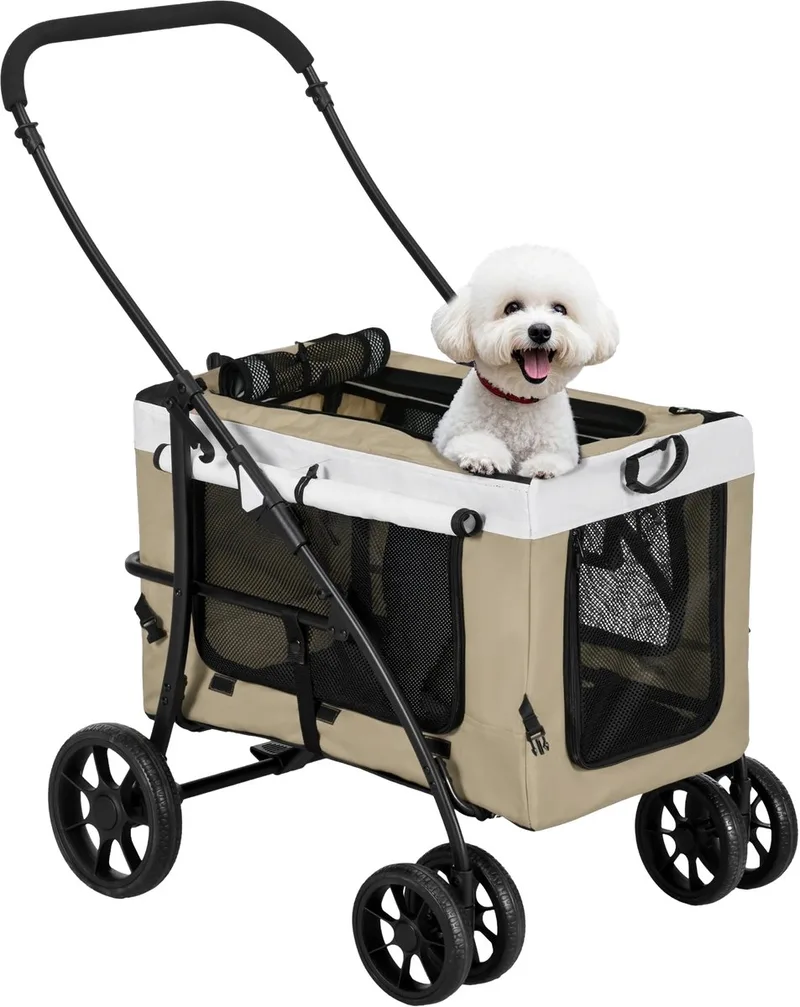2-in-1 Hondenbuggy – Dierenwagen met Afneembare Mand – Donker Khaki by Happiq – product photo
