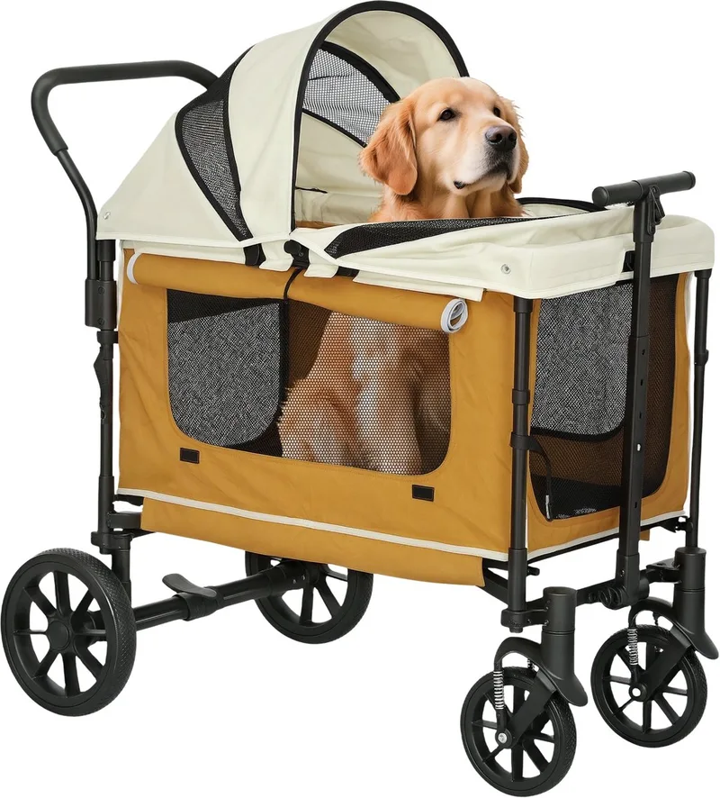 2-in-1 Hondenbuggy & Handkar – Opvouwbare Dierenwagen voor Honden & Katten tot 30 kg – Lichtbruin by Happiq – product photo
