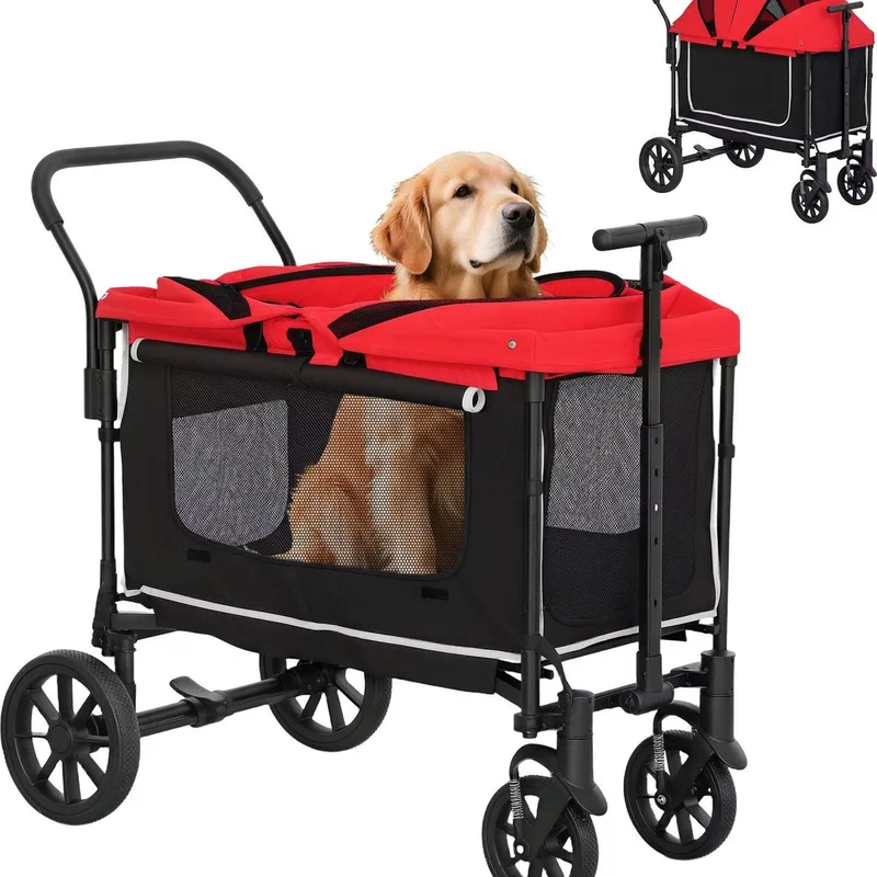 2-in-1 Hondenbuggy & Handkar – Opvouwbare Dierenwagen voor Honden & Katten tot 30 kg – Rood by Happiq – product photo