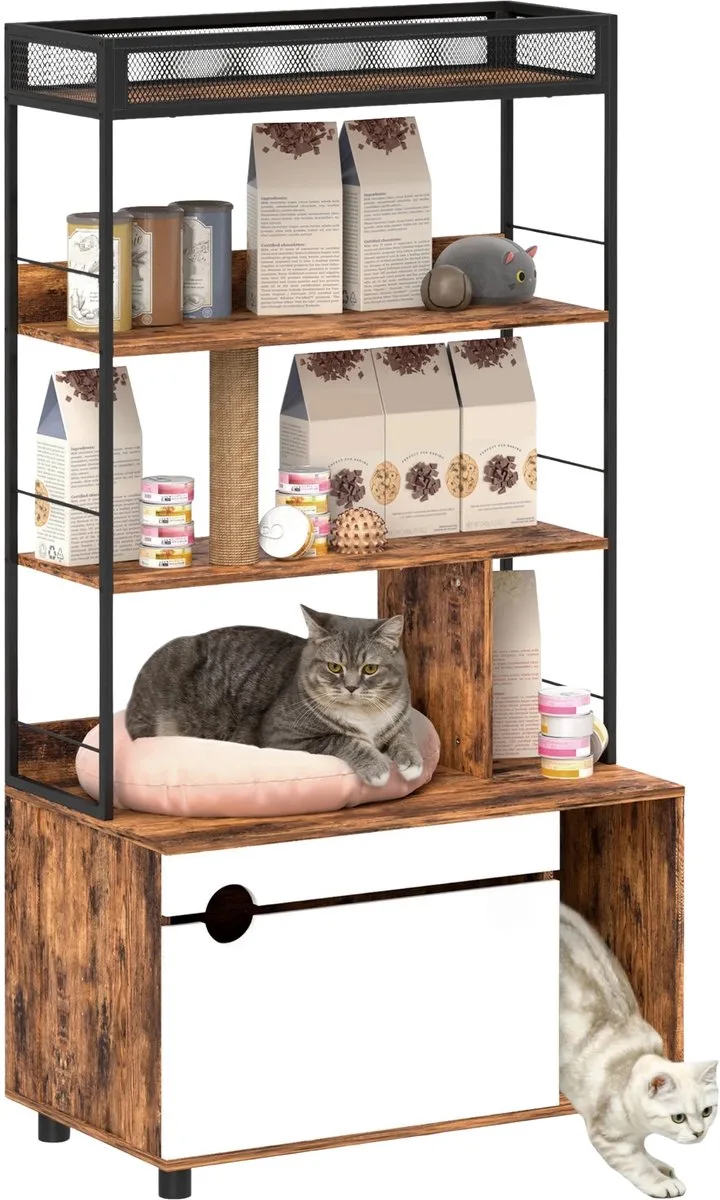 2-in-1 Kattenbak Kast – Kattenhuis met 3-Lagen Plank by Happiq in Rustiek bruin – product photo