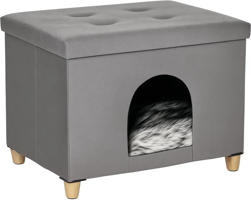 2-in-1 Kattenhuis & Voetenbank – Katten Cave met Kussen en Houten Poten – Grijs från Happiq – produktbild