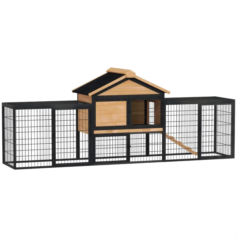 2-Laags Houten Konijnenhok – Massief Houten Rabbit Hutch met Dubbel Verdieping Design – Buitenverblijf voor Konijnen – Geel by Happiq in Black – product photo