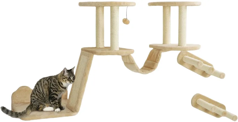 3-Delige Katten Klimwand Set – Kattenmeubels met Krabpaal, Ligplanken, Ladder & Krabplank – Beige/Crèmewit fra Happiq – produktbillede